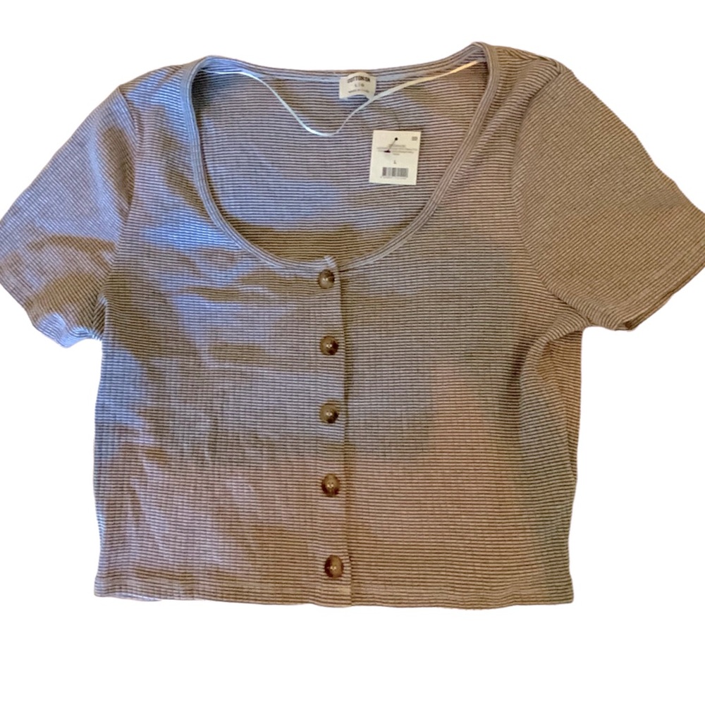 Cotton On Top Cropped Ribbed Striped Short Sleeves Button Down Tee New Large